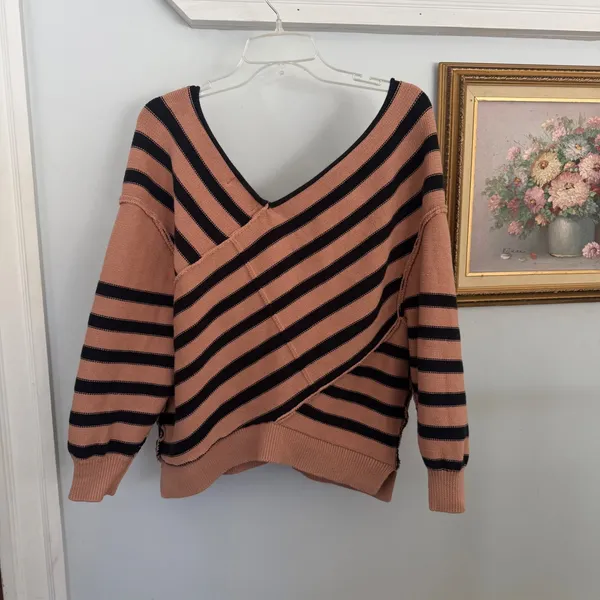 We‎ The Free Crossroads free People Striped Crossover Knit Sweater Tan Black L - Image 2