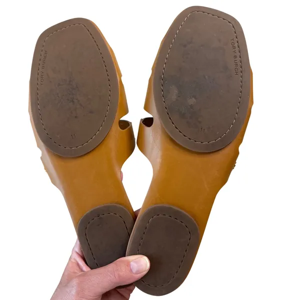 Tory Burch Ines Multi Strap Slides‎ Tan Blue White Leather Sandals 11 - Image 9