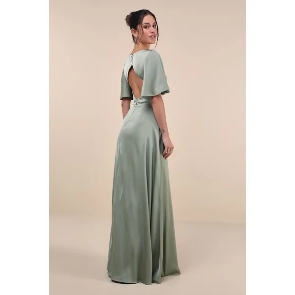 NWT Lulus Elegant Confidence Sage Satin Flutter Sleeve Cutout Maxi Dress Size S - Image 3