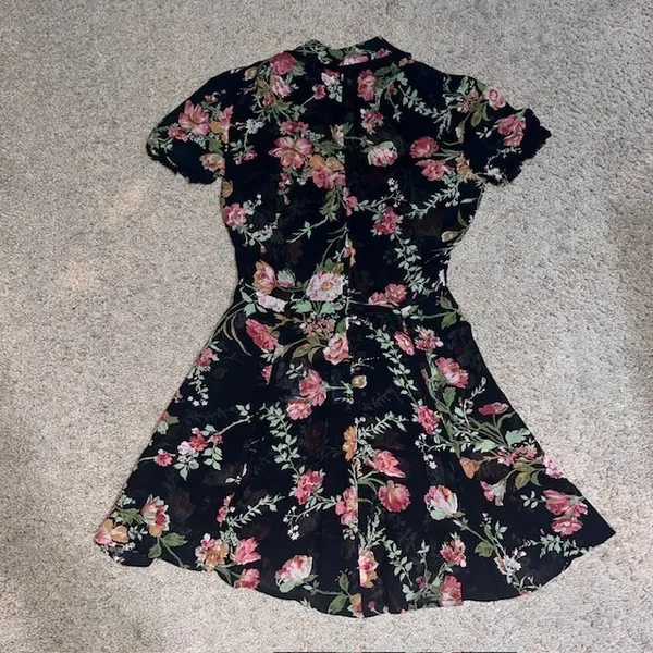 Reformation Mckendrie Floral Sheer Collar Short Sleeve Mini Shirt‎ Dress Black 2 - Image 7