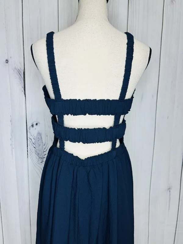 Davi & Dani Maxi Dress Sz L Navy Open Back Ladder Strap Smocked Front Sleeveless - Image 9