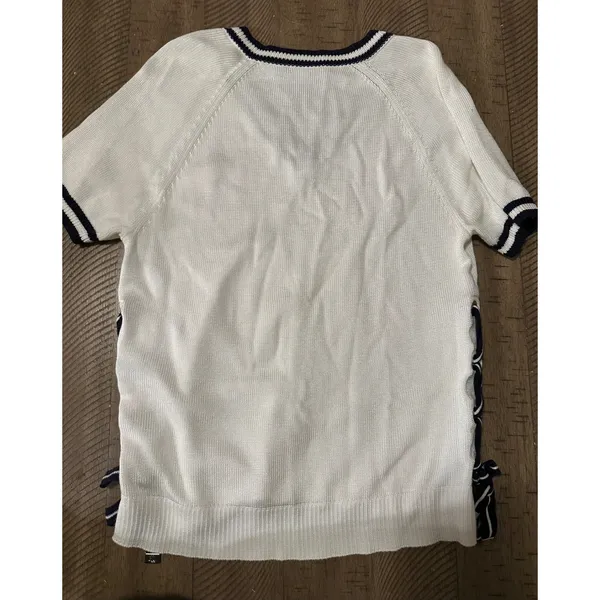 Lauren Ralph Lauren Short Sleeve V-Neck Tennis Sweater Lace-Up Sides White Navy - Image 2