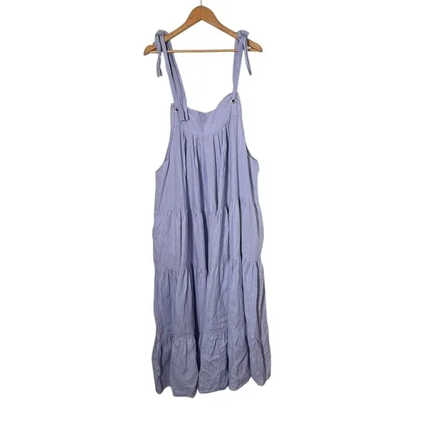 Womens Tiered Tie Should BOHO Pinafore Maxi Dress OS Lavender 100% Linen - Image 7