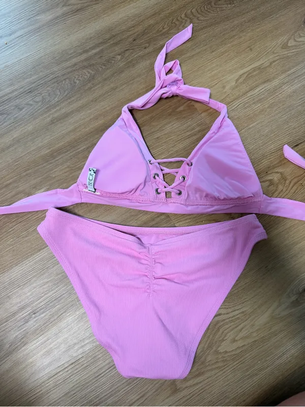 BECCA Pink Lace-Up Ribbed Halter Bikini - Image 2
