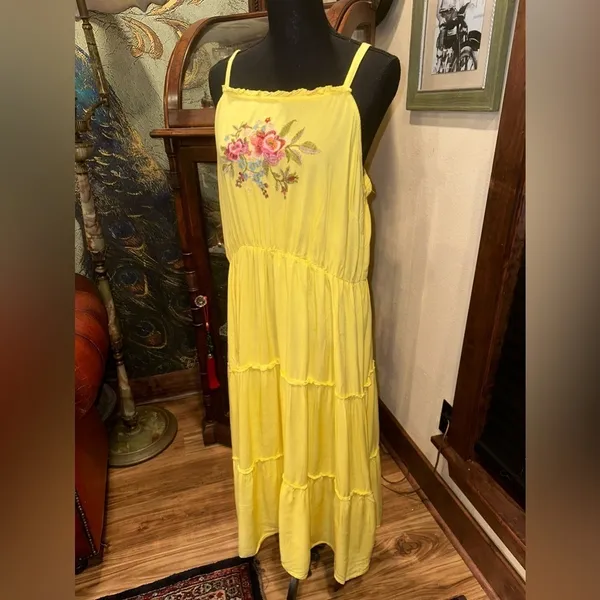 FEATHER Yellow Boho Embroidered Tiered Maxi Dress Plus 2X Coastal Summer Rayon - Image 4