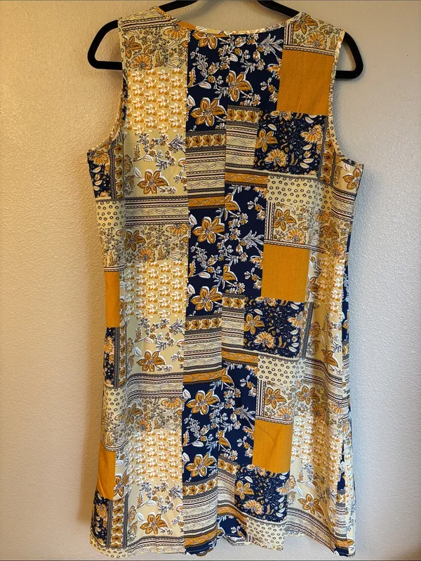 NEW! EMERY ROSE Boho Patchwork Swing Dress Mini Yellow Navy Blue Floral LARGE - Image 6