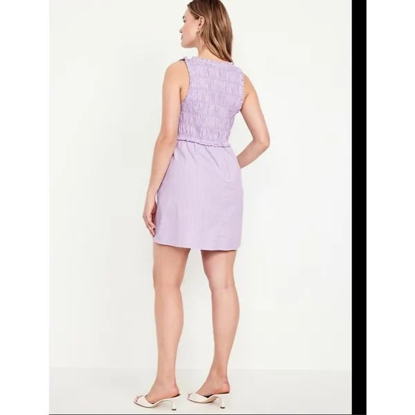 Old Navy Stripe Smocked‎ Mini Dress Cotton Poplin Purple Cottagecore Size Large - Image 2