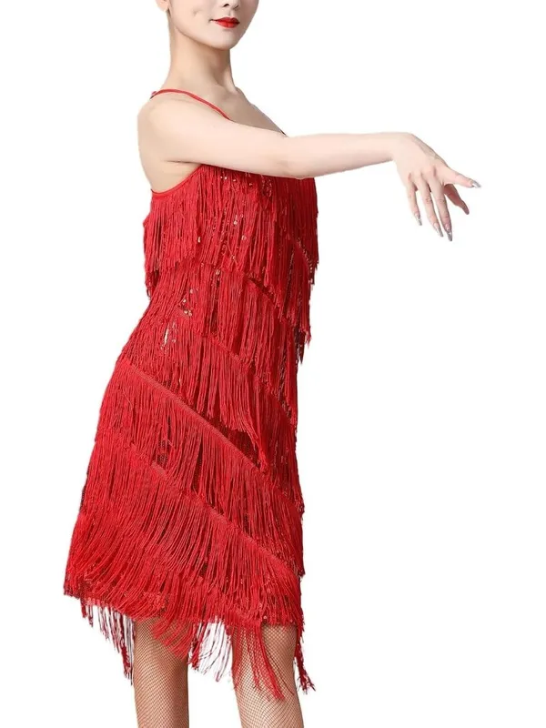 Women Salsa Latin Dance Dress Sequin Tassel Fringe Flapper Dress 1920s Costume S - Image 3