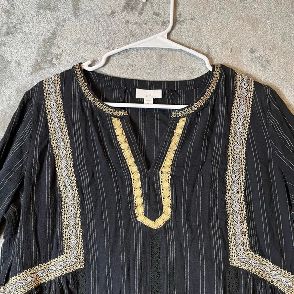 J Jill Sz Medium Embellished Crinkle‎ Peasant Split V-Neck Blouse Boho Black Tan - Image 3
