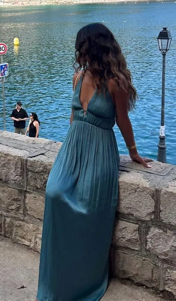 Zara maxi dress boho pleated Teal Evening Gown wedding party cocktail - Image 9