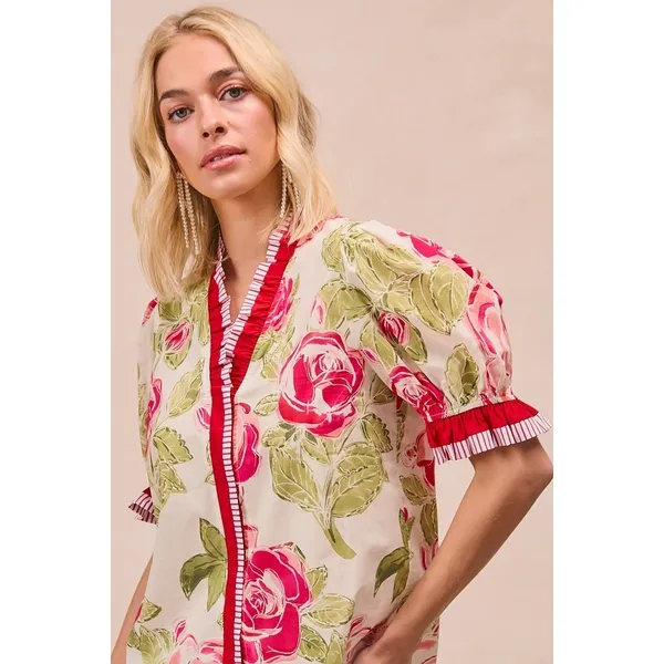 BiBi Floral Printed Woven Contrast Edge Ruffled Blouse‎ - Image 6