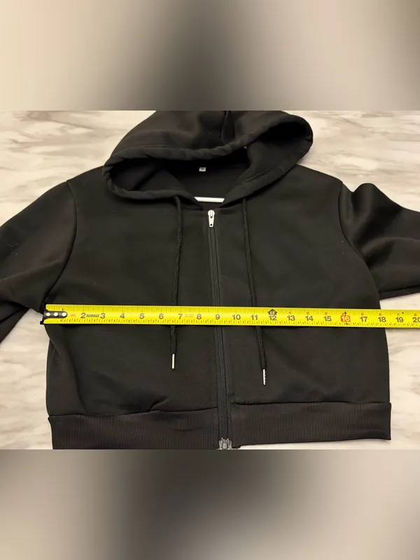 Black Cropped Full Zip Hoodie Sweatshirt Medium Drawstring Long Sleeve M - Image 3