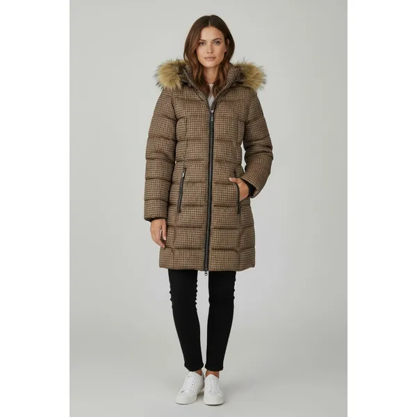 C-RO Denmark Houndstooth‎ 2-Way Stretch Puffer Coat with Faux Fur Hood Size 4 - Image 3