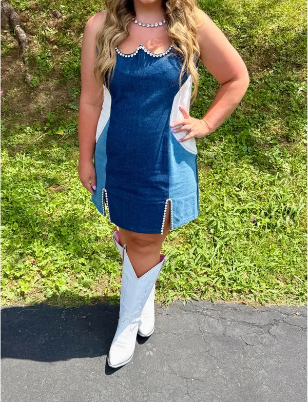 Women’s Nasty gal color block denim rhinestone dress. Size 14. Country concert - Image 3