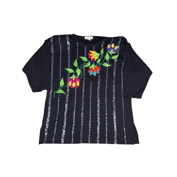 Eminent‎ Womens Black Floral Sequin 1/2 Sleeve Blouse Top Size M - Image 2
