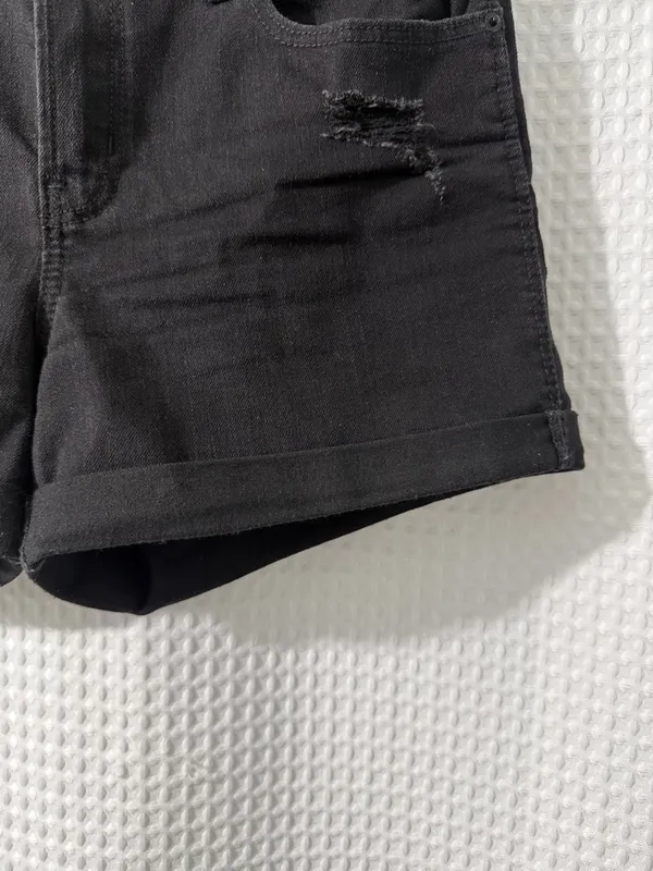 Old Navy Mid Rise Black Wash Ripped Boyfriend Jean Shorts Size 10 - Image 4