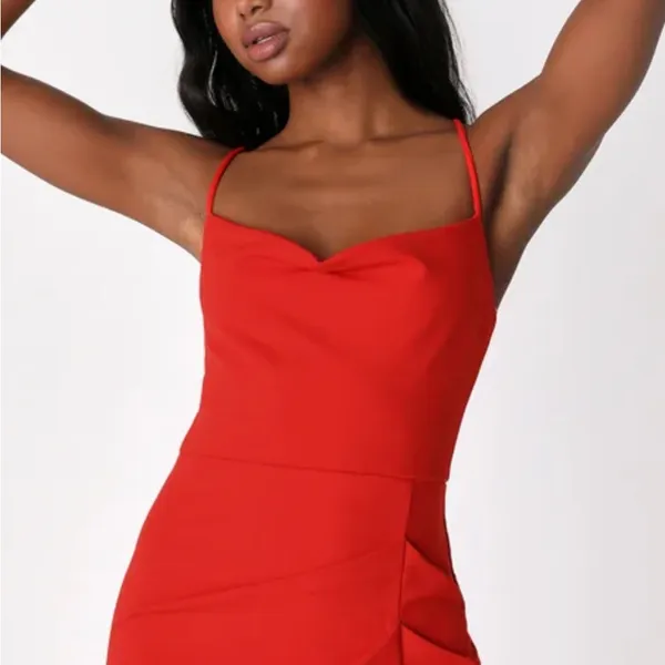 NWT M Lulu's Romantic Thought Red Cowl Neck Lace Up Maxi‎ Dress - Image 4