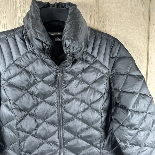 Eddie Bauer Down Long Puffer Jacket Womens Sz Medium Black Coat Outdoor Packable - Image 2