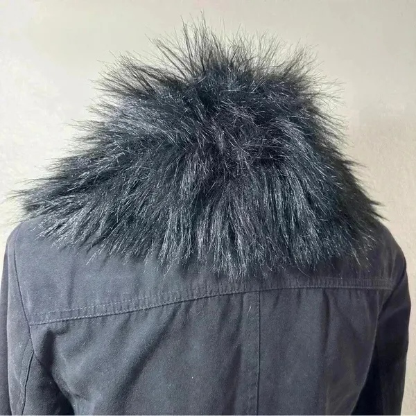 Vintage GUESS Faux Fur Mid Length Trench Coat RARE Jacket in Black Sz. Small - Image 7