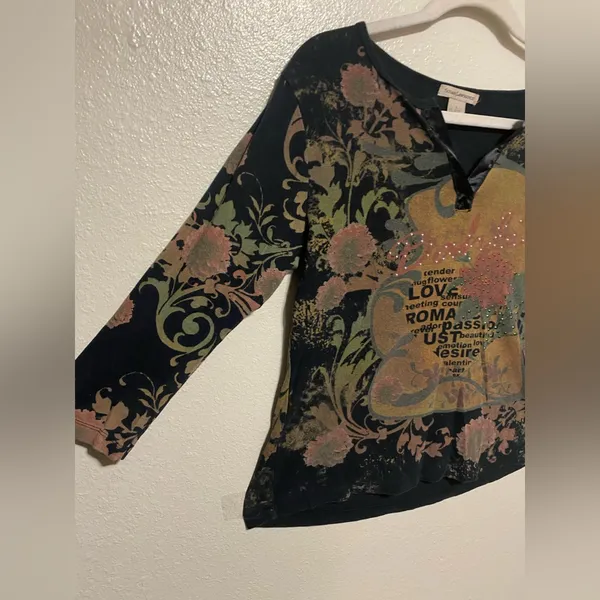 Susan Lawrence Earthy Embellished Dahlia Top | Studded Boho Floral Shirt | L - Image 4
