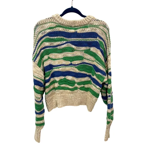 Aerie Wavy Stripe Sweater Womens S Green Blue Cream Chunky Knit Wool Blend Boho - Image 5
