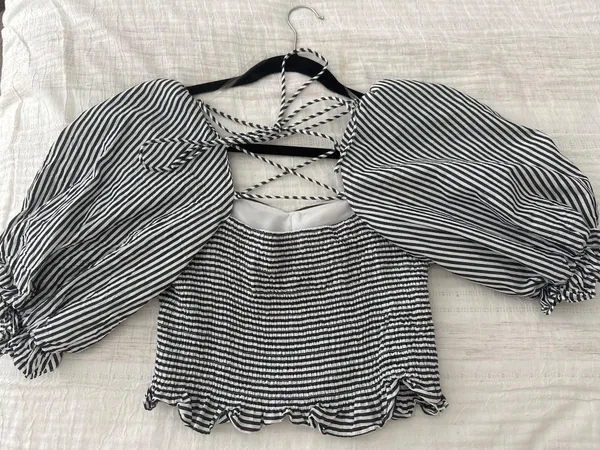 Striped Boutique Puff Sleeve Top Black White - Image 2