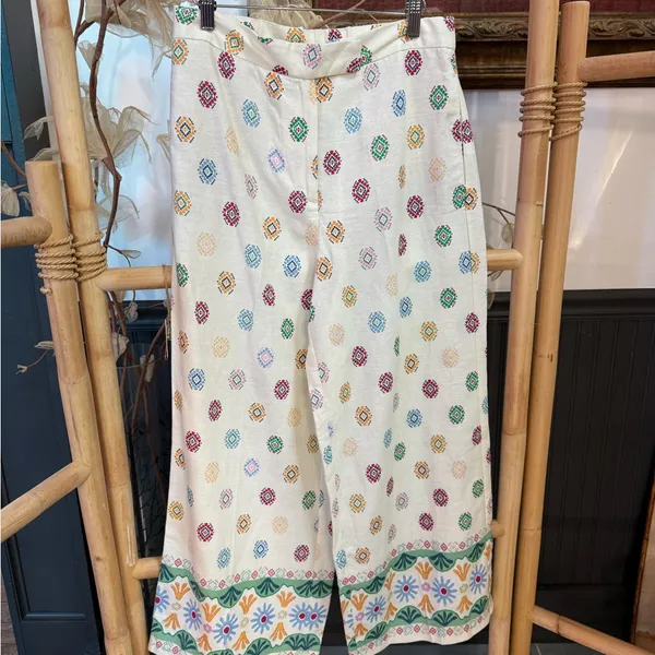 Maison d'Amélie Wide Leg Ankle Cropped Pants Floral Border Pockets Size M 💛🍄 - Image 4