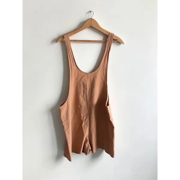 Linen Blend Button Front Romper Tan Sleeveless Overall Shorts Medium‎ Orange - Image 2