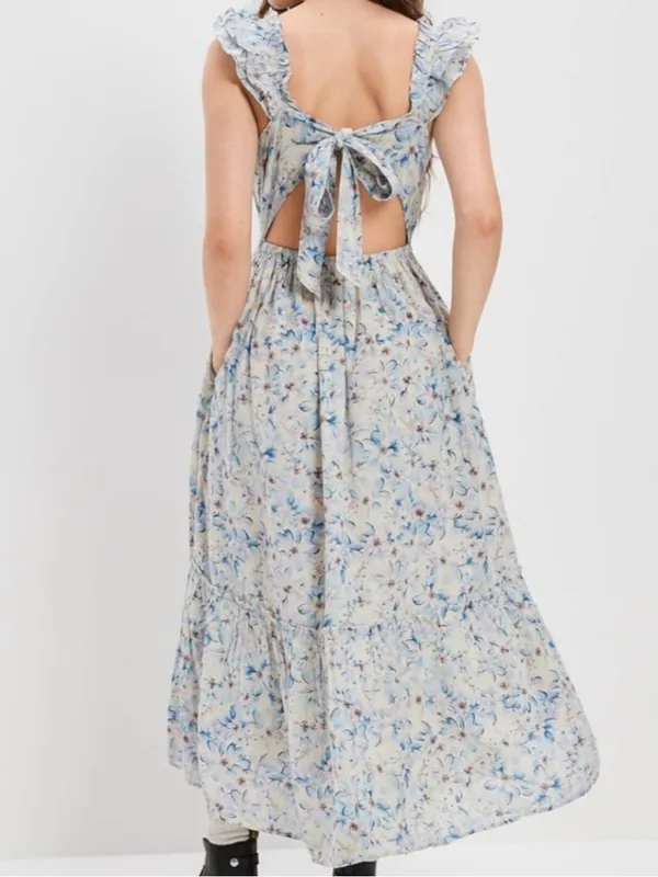 American Eagle Womens Blue Floral Flutter Sleeve Smocked Open Back Dress Large - Image 8