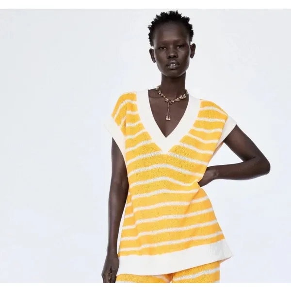 Zara Womens Oversized Yellow‎ White Striped Knit V-Neck Sweater Vest Size Medium - Image 8