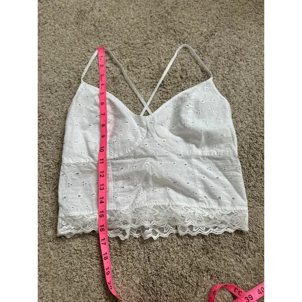 Handmade White Eyelet Lace Tank Top w Lace Trim Coquette Ruched Back - Image 3