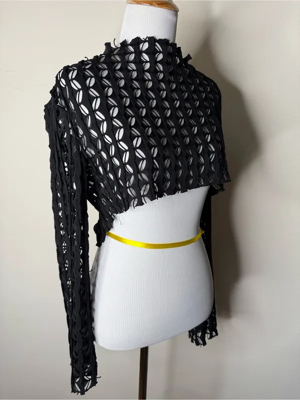 Pretty Damage Black Laser Cut Cropped Long Sleeve Top - Image 3