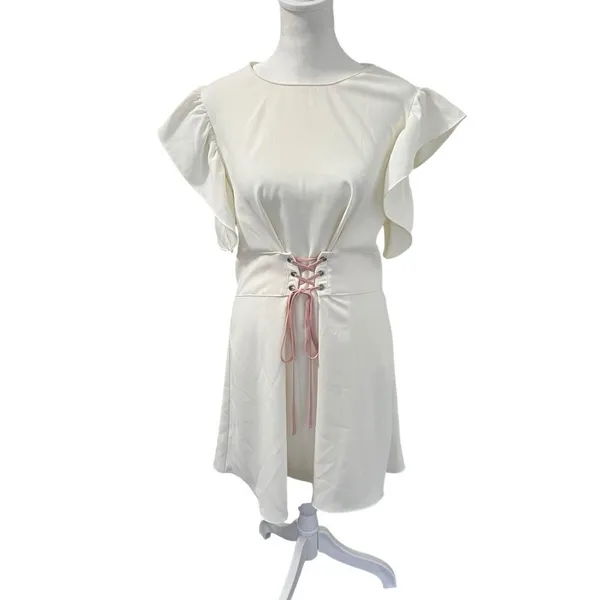 Amanda Uprichard Fairy Ivory Pink Corset Flutter Sleeve Fit Flare Mini Dress L - Image 2