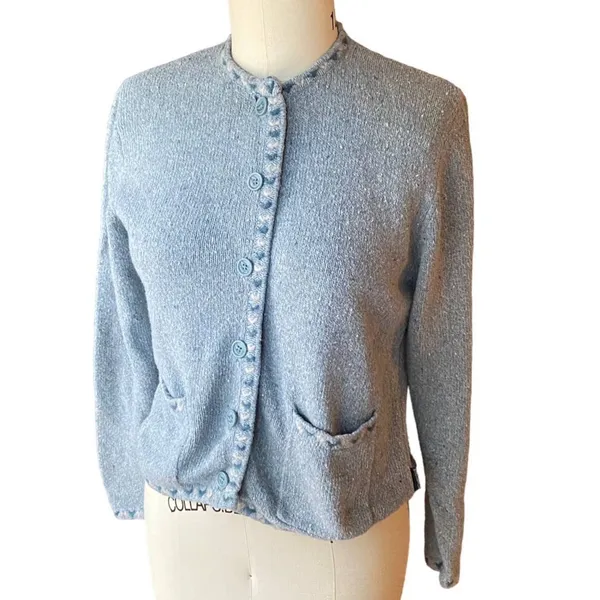Vintage WOOLRICH Button Up Light Blue Wool Embroidered Sweater ~ Women's MEDIUM - Image 3