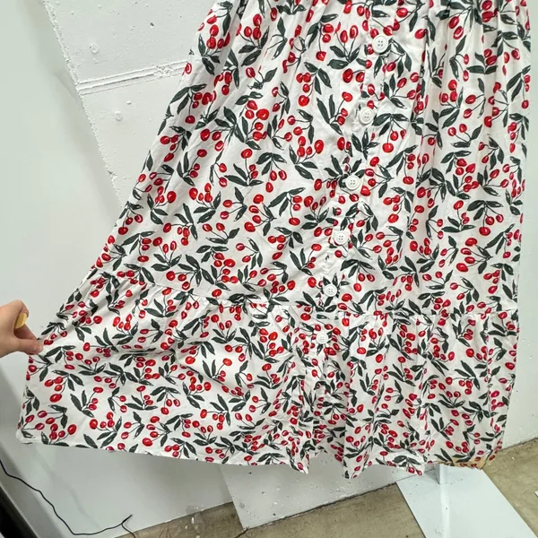 Code Mode Cherry Print Cotton Midi Dress White Red Small Summer Picnic - Image 5