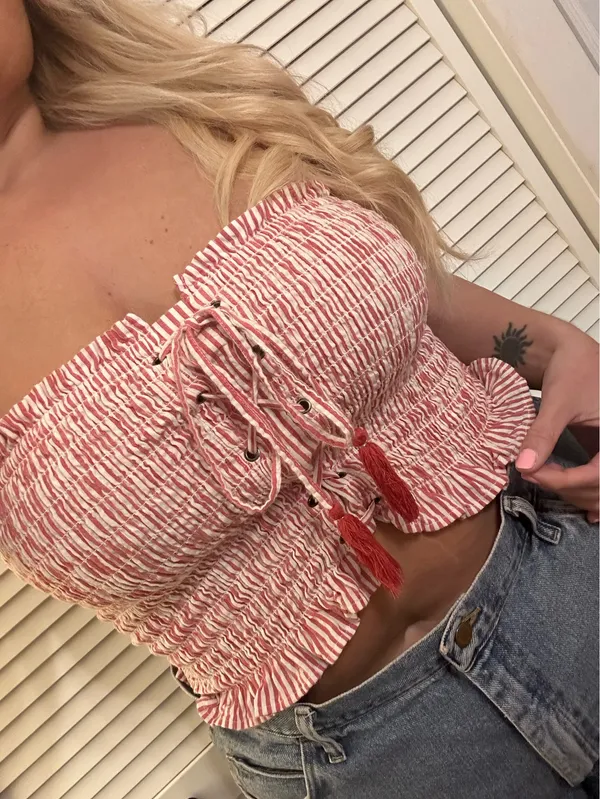 American Eagle Outfitters Red and White Ruffle Tube Top with Lace Up Detailing - Image 9
