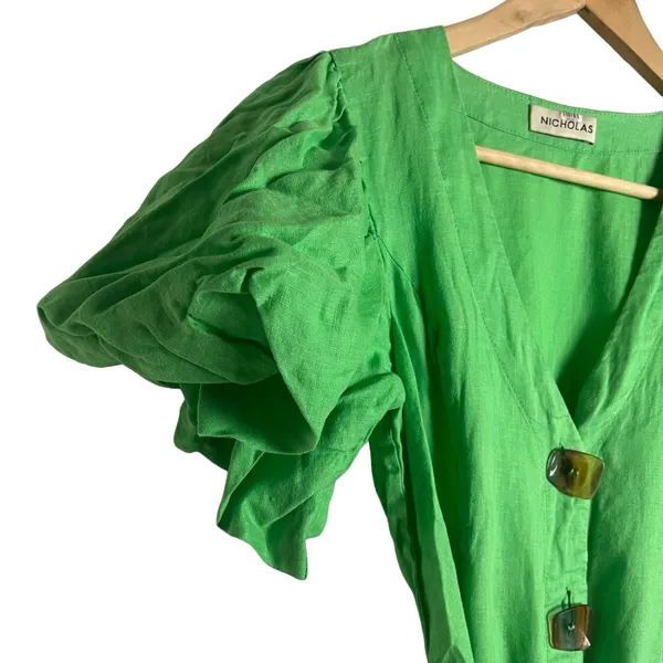 Nicholas Troy Green Linen Button Front Tie Waist Short Sleeve Dress Size 4 - Image 6