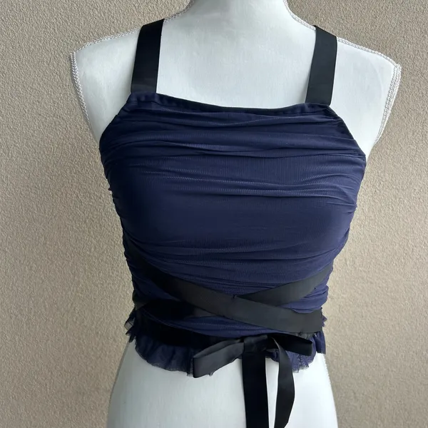 By Anthropologie Navy and Black Strappy Grunge Tank Top Tied Gathered Size XXS - Image 4