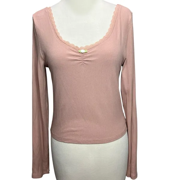 Pretty Garbage Long Sleeve Baby Tee Size L Pink Rib Knit Scoop Dainty Lace‎ Top - Image 2