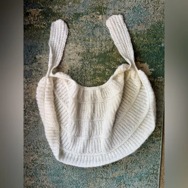 Vintage handmade knit cream sweater tie shoulder shawl, one size - Image 8