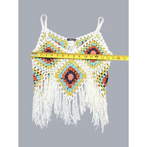 Vivid Granny Square‎ Crochet Fringe Crop Top Multicolor Boho Festival - Image 3