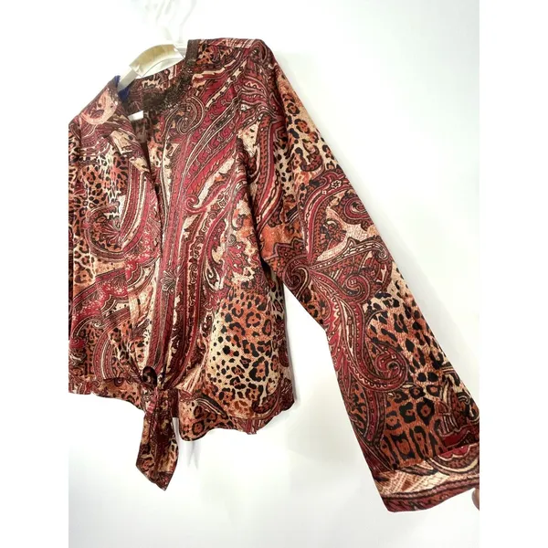 CHICOS Paisley Satin Sequin Neck Blouse Size 2 US 12 Tie Hem Blouse Top Dressy - Image 4