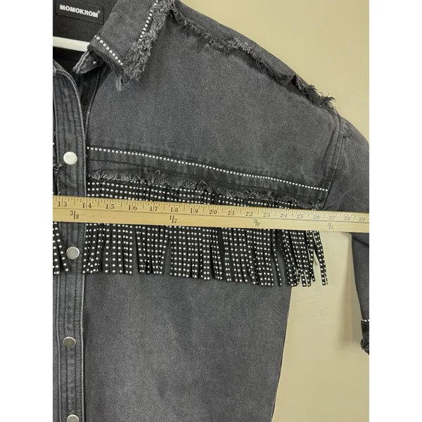 Denim Jacket Black Fringed Western Women’s Size S Embellished Festival Coachella - Image 11