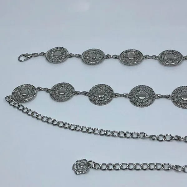 Vintage Y2K Boho Silver Mandala Circle Chain Belt, Fits 26.5–46 Inches, X7GA1166 - Image 8