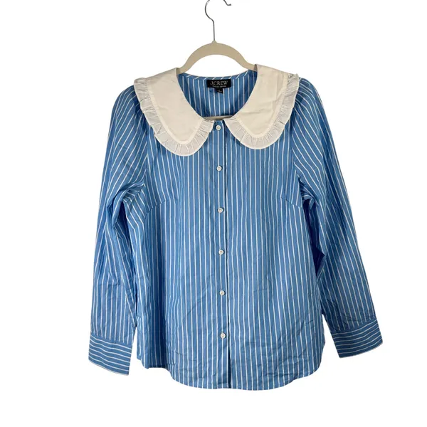J Crew Ruffle Collar Poplin Shirt Blue Stripe Preppy Office 100% Cotton Womens 8 - Image 3