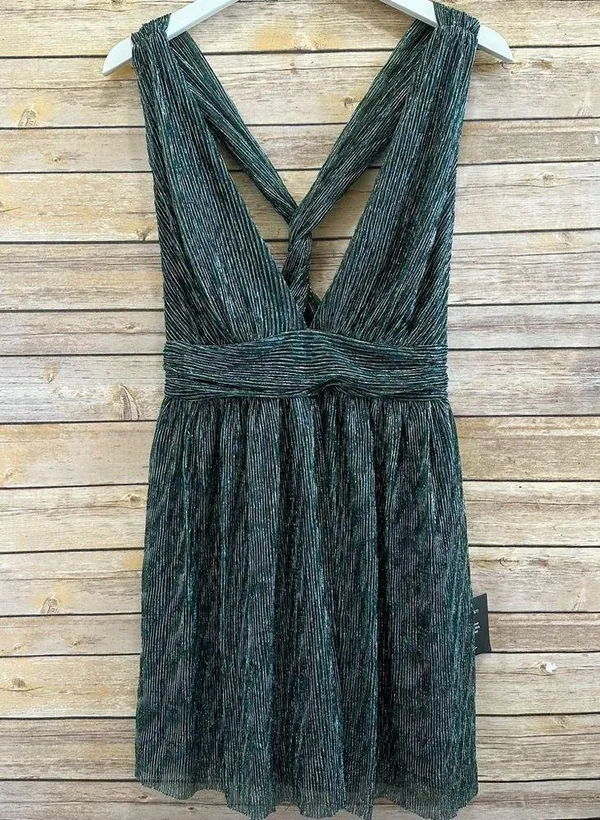 Lulus Dress Women’s Size Medium Teal Metallic Stripe Twist Back Cocktail NWT - Image 2