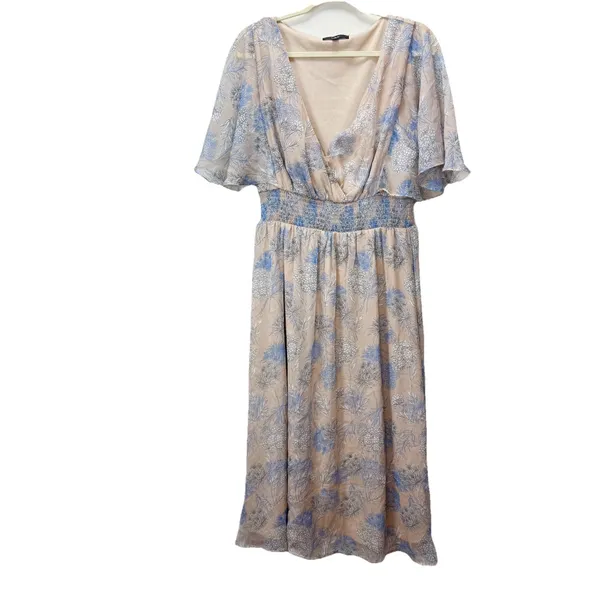 Lulus Subtle Romance‎ Beige Blue Floral Ruffle Flutter Sleeve Midi Dress Size XL - Image 6