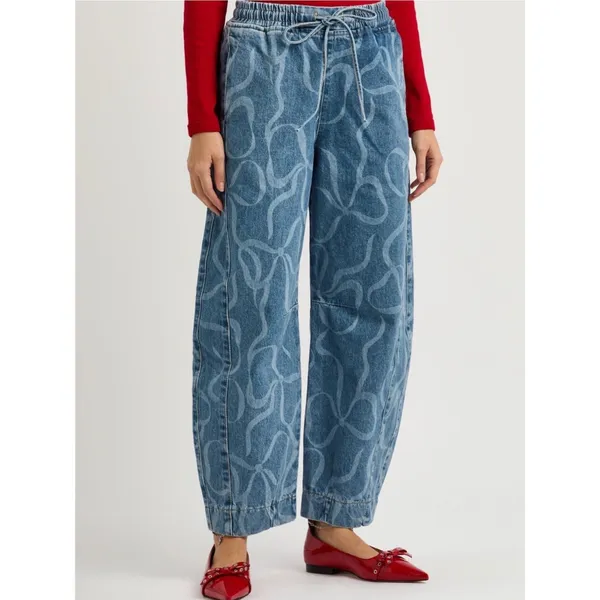 Damson‎ Madder Bow Print Denim Trousers Womens 6 Blue Excellent Barrel Leg Pants - Image 2