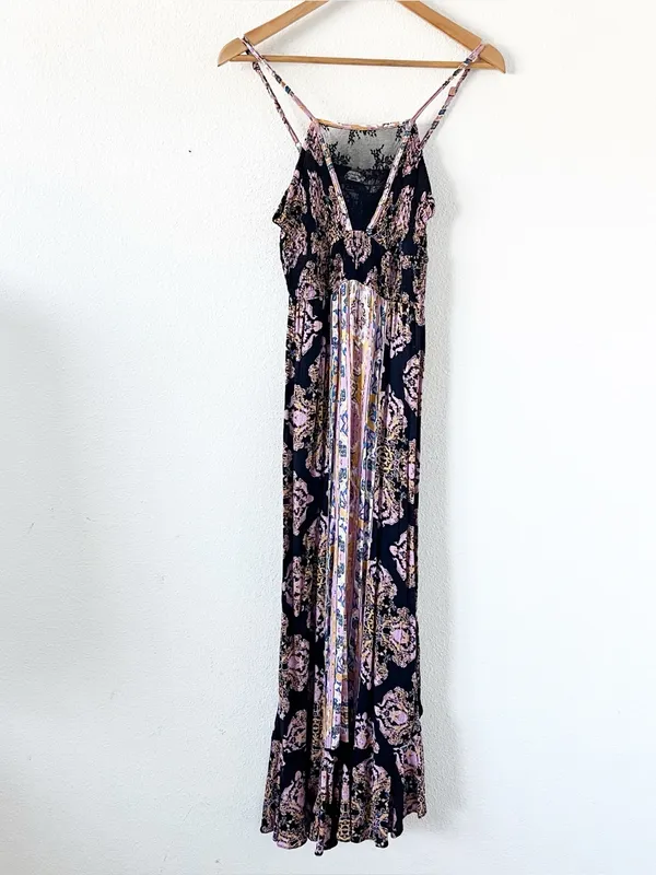 Free People Intimately That Moment Boho Vintage Inspired Black Floral Maxi Dress - Image 2