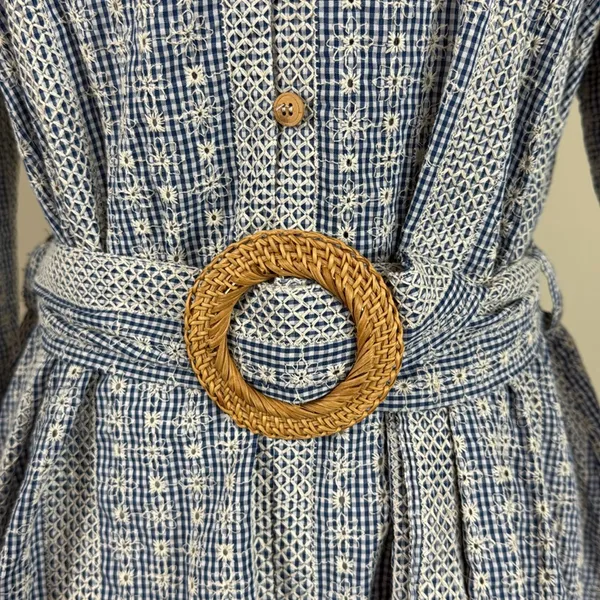 ZARA Crochet Daisy Blue &‎ White Gingham Rattan Belted Mini Dress Size Med - Image 4
